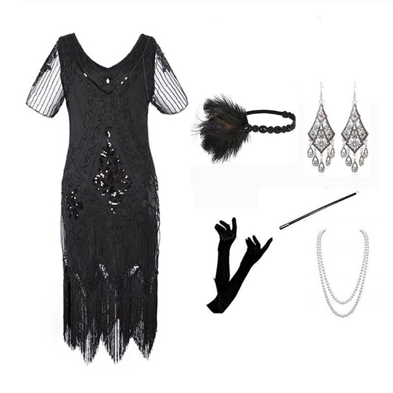 实拍1920S复古亮片晚礼服手工订珠流苏连衣裙盖茨比舞会表演套装