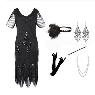 实拍1920S复古亮片晚礼服手工订珠流苏连衣裙盖茨比舞会表演套装