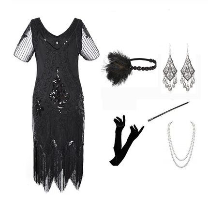 实拍1920S复古亮片晚礼服手工订珠流苏连衣裙盖茨比舞会表演套装