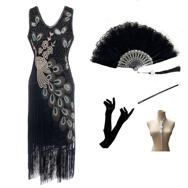 1920s亮片V领无袖小礼服复古流苏连衣裙舞会聚会晚礼服表演服装