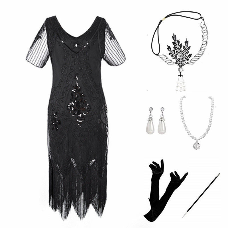 欧美万圣节性感亮片流苏连衣裙复古1920S盖茨比聚会派对礼服