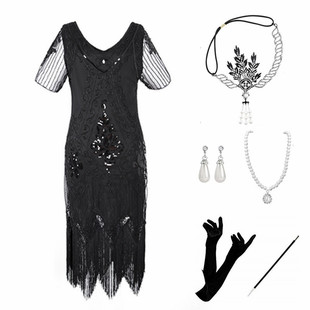 欧美万圣节性感亮片流苏连衣裙复古1920S盖茨比聚会派对礼服