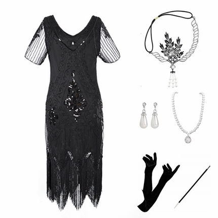 欧美万圣节性感亮片流苏连衣裙复古1920S盖茨比聚会派对礼服