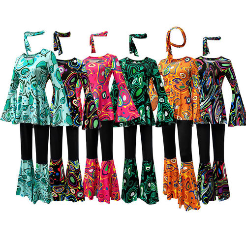 新款外贸热卖迪斯科衣服印花上衣裤子套装含头巾舞台表演服装女装