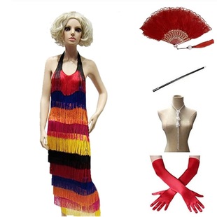 新款 1920S波西米亚彩虹流苏连衣裙性感露背拉丁舞表演服