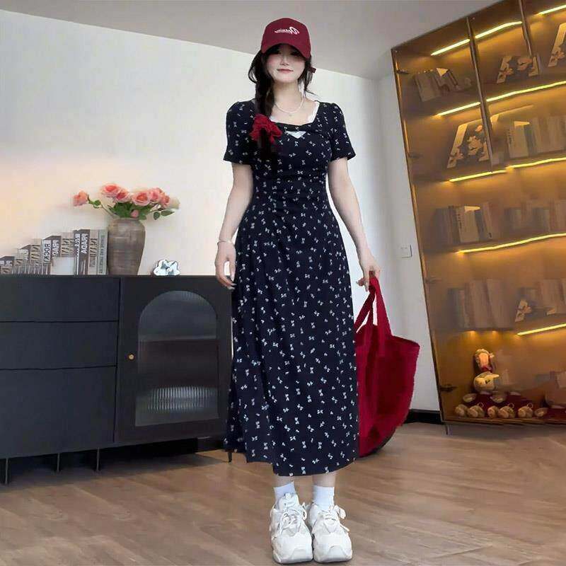 大码胖mm法式甜美碎花连衣裙女2025夏季高级感收腰显瘦a字长裙子