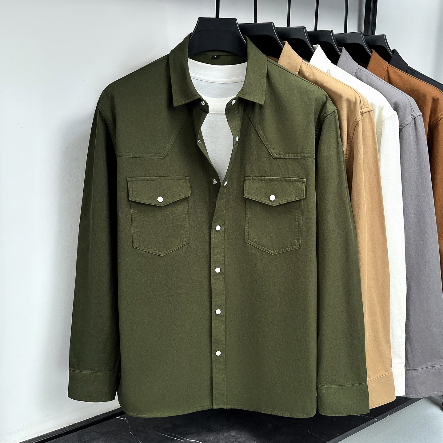 工装风2026新款长袖衬衫男士100%纯棉翻领双口袋商务休闲衬衣外套