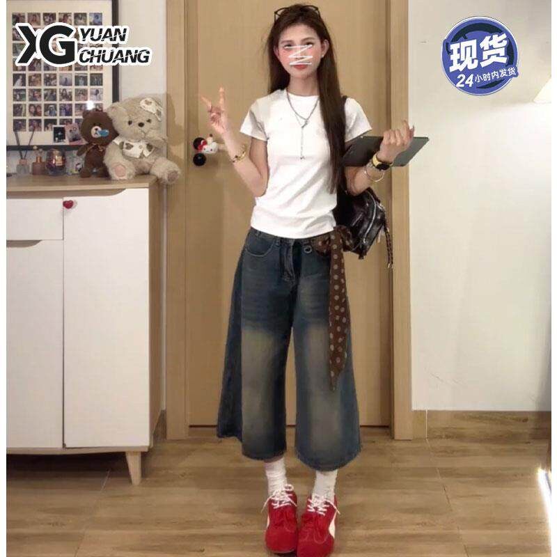 美式复古阔腿七分牛仔裤女2025新款夏季小个子水洗做旧直筒中短裤
