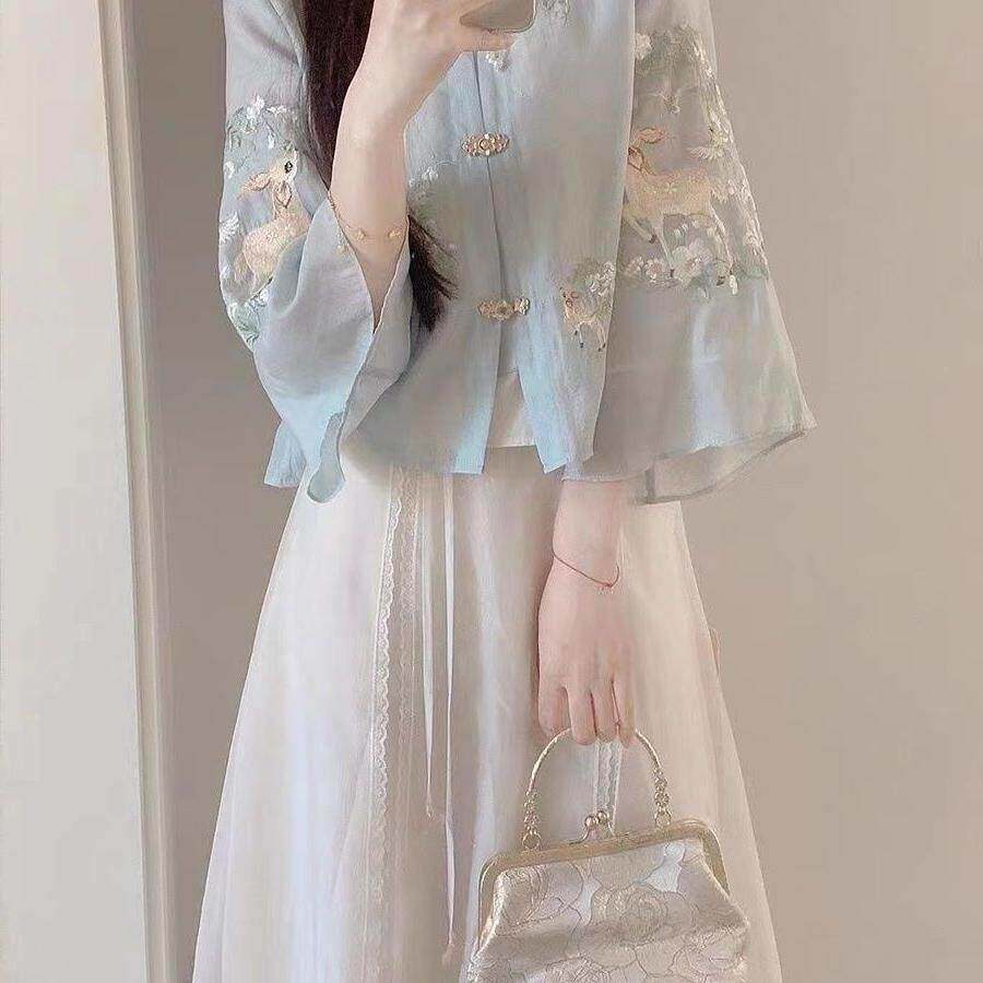 新中式国风古装汉服女茶艺服高级感唐装夏季上衣衬衫连衣裙两件套
