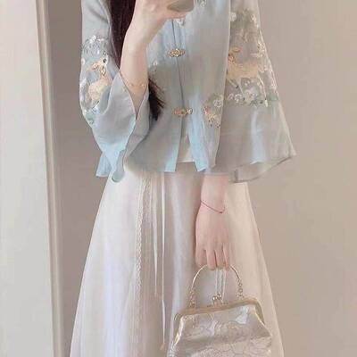 新中式国风古装汉服女茶艺服高级感唐装夏季上衣衬衫连衣裙两件套