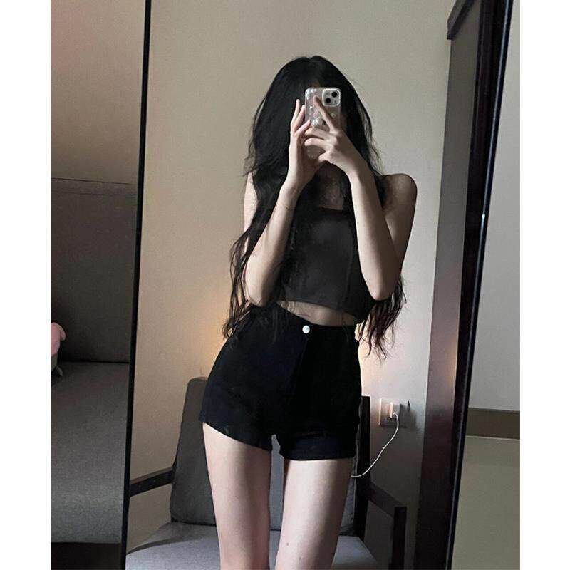 黑色牛仔裤女夏季薄款高腰辣妹美式超短裤A字热裤小众设计感裤子