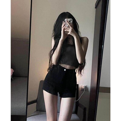 黑色牛仔裤女夏季薄款高腰辣妹美式超短裤A字热裤小众设计感裤子