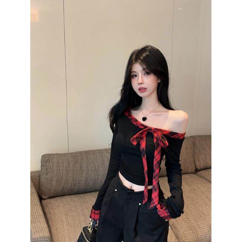 一字肩格纹绑带长袖T恤女春季修身紧身设计感辣妹黑色打底衫上衣