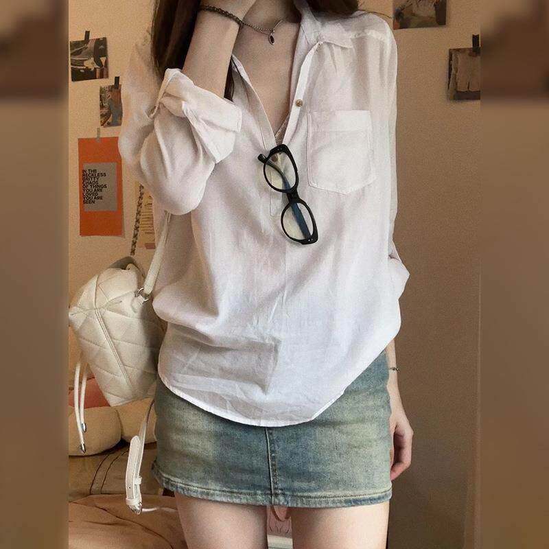 法式白色长袖防晒薄款polo衬衫女夏季2025新款高级感气质上衣