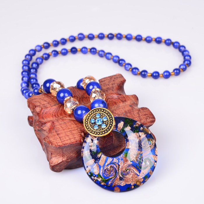 波西米亚民族风复古琉璃大吊坠毛衣链长款项链女棉麻挂件饰品包邮