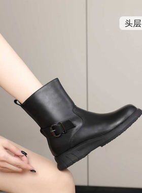宽胖脚肥大码女鞋41-43头层牛皮棉靴2025冬款低跟中筒靴16020-11