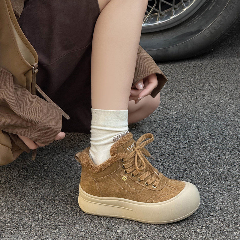 大丫丫大码女鞋41-43宽胖脚肥冬季加绒款系带休闲鞋美拉德风25951