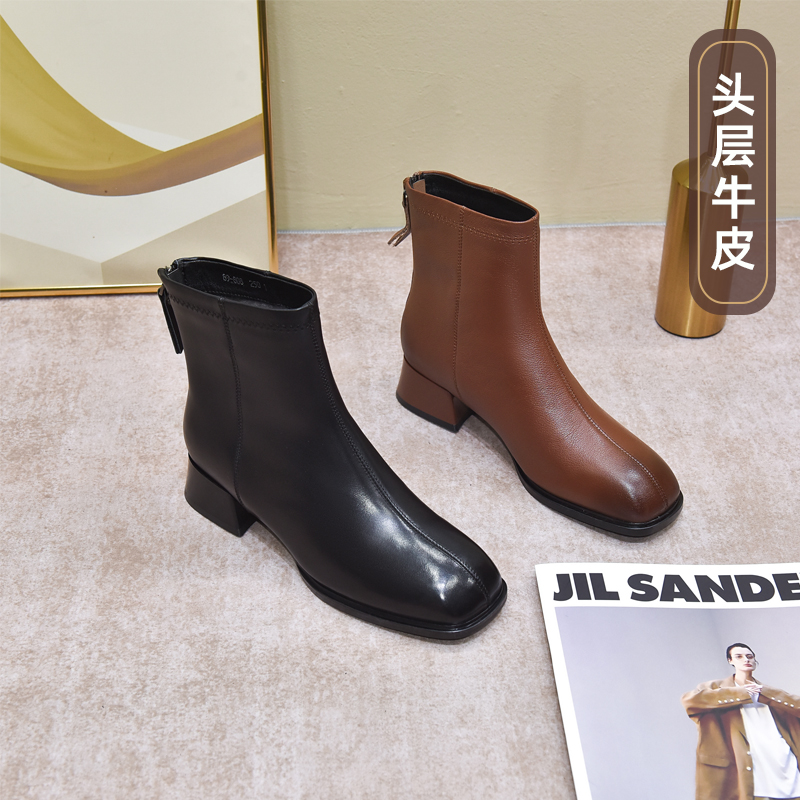 大丫丫大码女鞋中跟粗跟切尔西靴