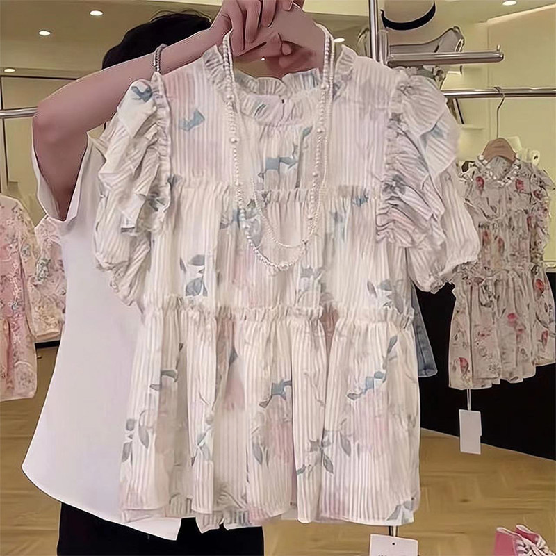 SECRET GARDEN SOUTH KOREAS DONGDAEMUNS NEW HOLLOW JACQUARD FUNGUS STITCHED PUFF SHORT-SLEEVED SHIRT TOP