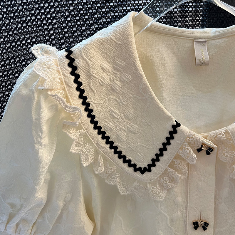 THE UPPER BODY IS BEAUTIFUL  ITS SO PRETTY  FRENCH VINTAGE DOLL COLLAR LACE SHIRT WOMENS SUMMER PUFF SHORT SLEEVE TOP