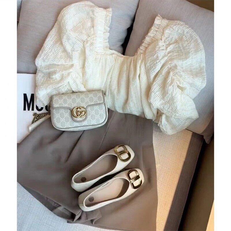 THIS SET IS SO LOVELY FRENCH SQUARE NECK FLORAL TOP WOMENS SUMMER HIGH-WAISTED PRESSED PLEATED SUIT SHORTS TWO-PIECE SUIT