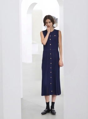 法式M家2025春夏新款女气质单排扣收腰针织无袖连衣裙MFPRO04051