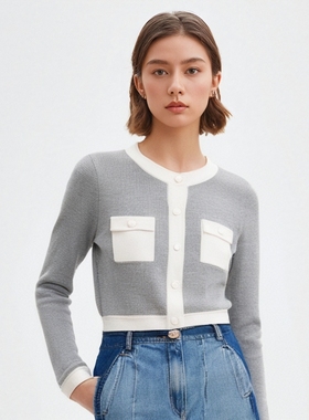 法式S家2025春季新款灰白撞色圆领单排扣针织开衫上衣SFPCA01174