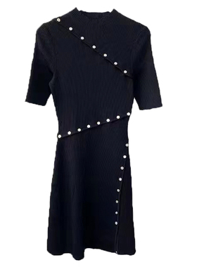 法国M家舞纤早秋新款女装 法式黑色收腰饰扣气质连衣裙MFPRO03274