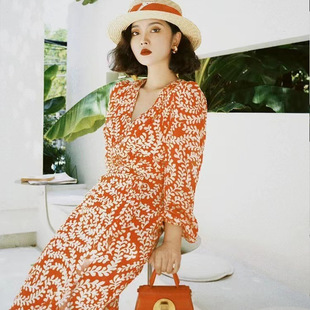 法式同款2025夏季款V领橘粉白桃花叶印花蕾丝边长款连衣裙清仓