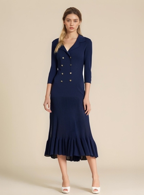 法式S家2025早春新款女V领荷叶边双排扣长款针织连衣裙SFPRO04093