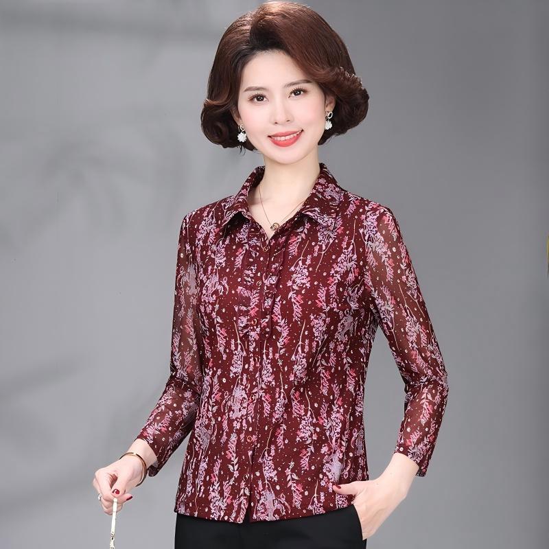 小个子妈妈款长袖衬衫2026春夏新品中老年女装网纱花色开衫女上衣