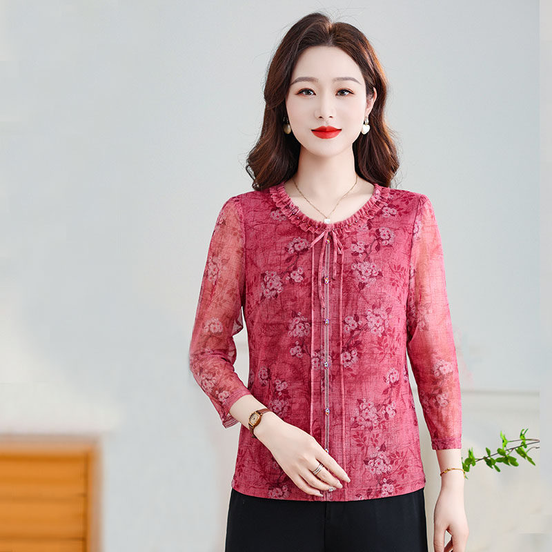 2026新款时尚中老年洋气女装上衣薄透气网纱衬衫50妈妈春装T恤衫