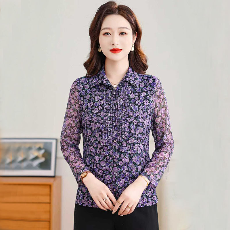 雪琳儿春季女装台湾网纱花衫40-50岁妈妈装长袖衬衫中老年开衫女
