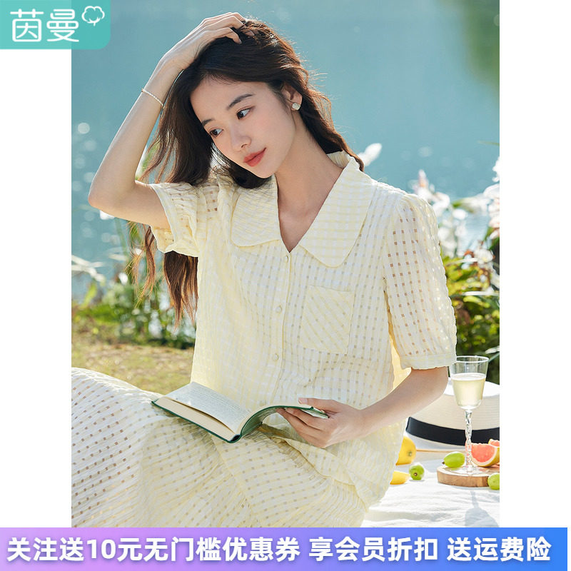 茵曼女装夏装新款田园休闲修身显瘦肌理感翻领泡泡袖衬衫衬衣