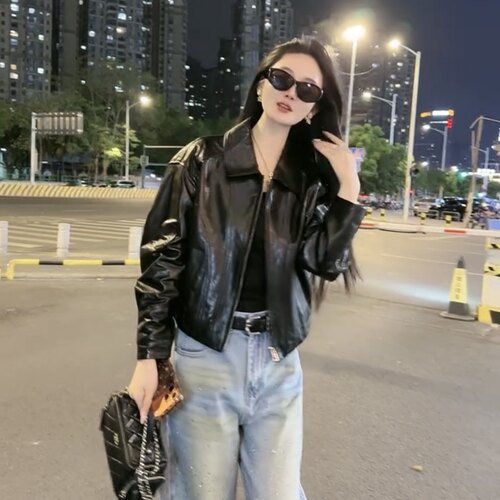 2026早春新款港风复古立领气质宽松机车真皮皮衣外套女皮夹克