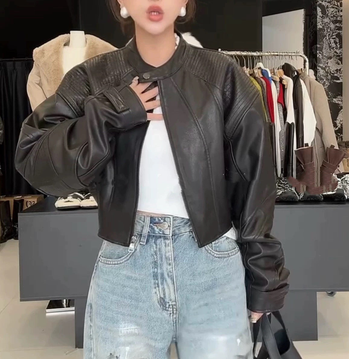 欧货真皮绵羊皮皮衣女小个子2026春季新款拉链短款宽松长袖外套潮,女装/女士精品,皮衣,淘宝优惠券,粉丝福利购,淘宝优惠卷