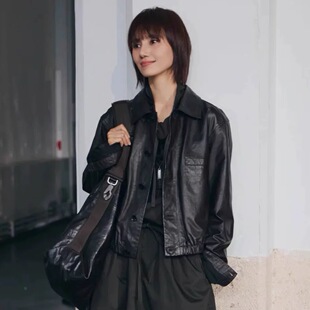 袁泉同款油蜡绵羊皮机车夹克外套2025秋新款海宁真皮皮衣女短宽松