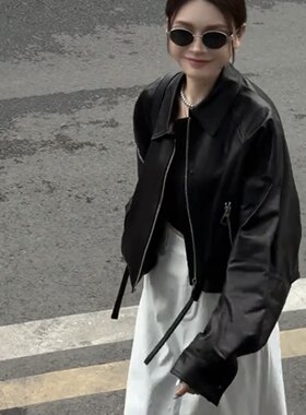 海宁2026春秋新款蝙蝠袖外套女高级感小个子真皮绵羊皮短款皮衣