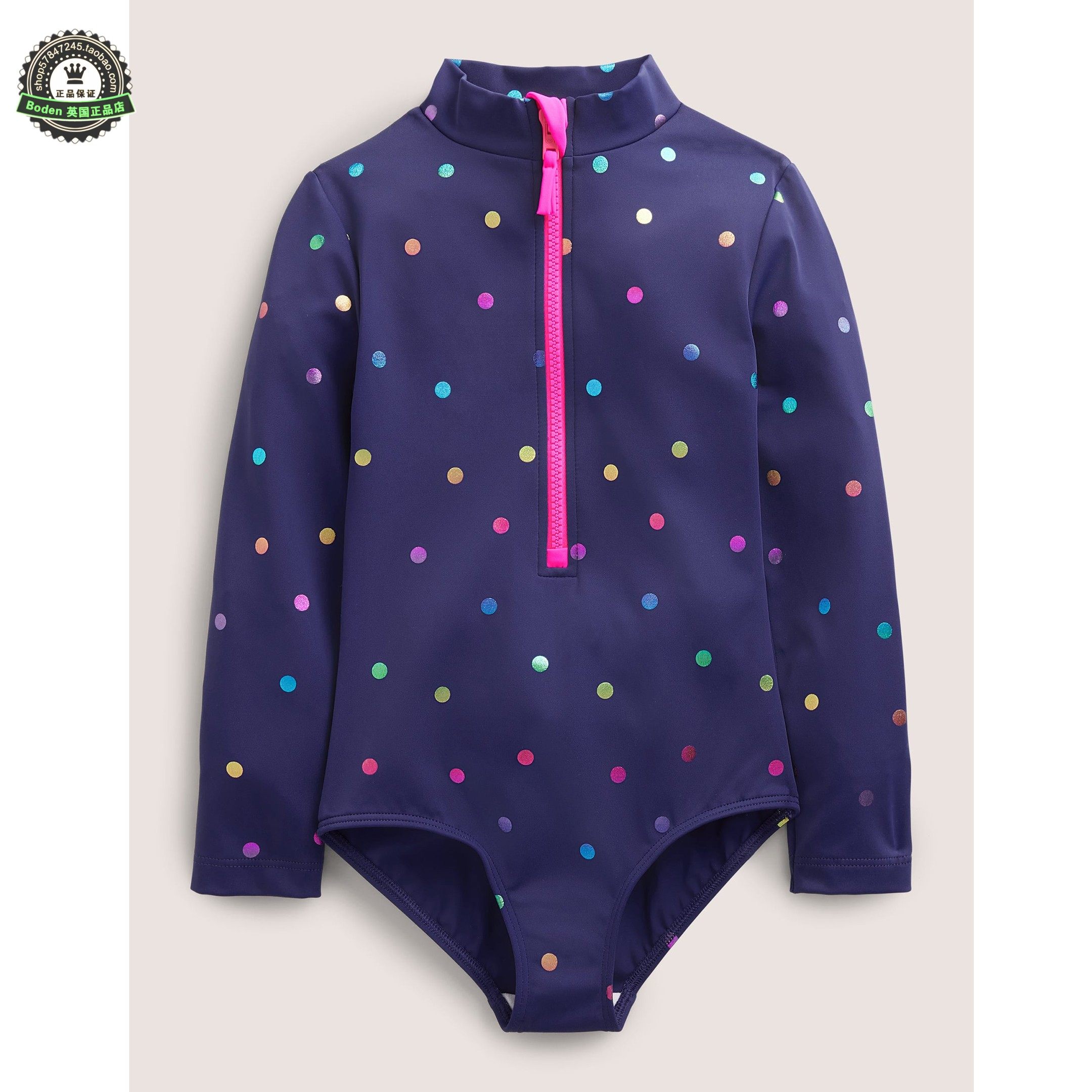 代购MiniBoden儿童连体泳衣 26夏季女童蓝色波点沙滩长袖防晒泳装