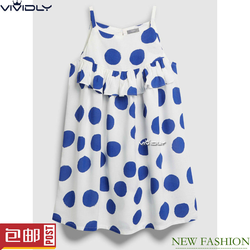 现货NEXT女童沙滩裙 夏季大童藍色波点吊带裙 儿童连衣裙(7-16岁)