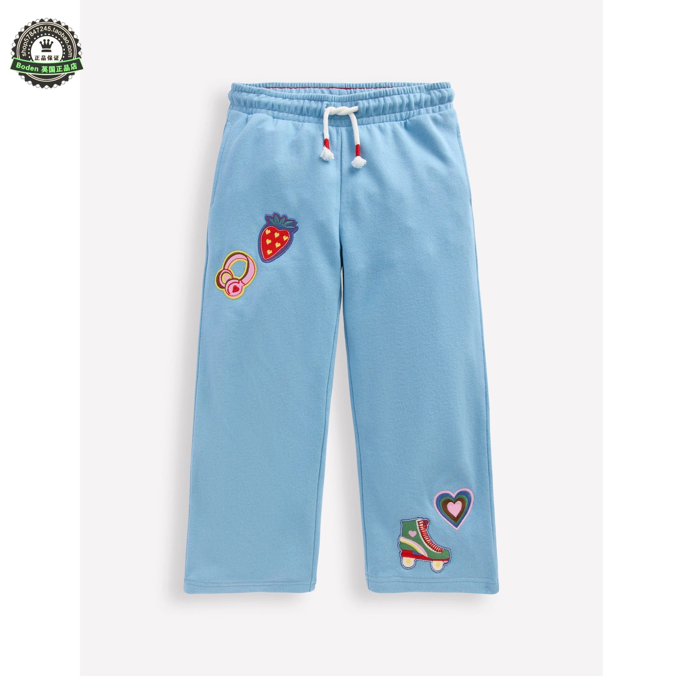 代购MiniBoden儿童运动裤 26春季女童湖蓝色徽章纯棉休闲阔腿长裤