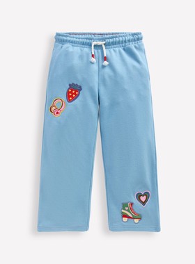 代购MiniBoden儿童运动裤 26春季女童湖蓝色徽章纯棉休闲阔腿长裤