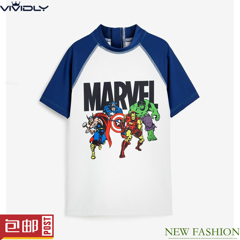 现货NEXT儿童速干防晒泳衣 夏季白色Marvel男童泳装防晒T恤3-16岁
