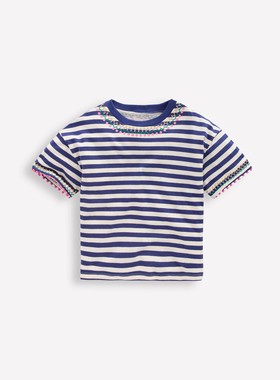 代购MiniBoden儿童短袖T恤 26夏季女童蓝色条纹纯棉半袖衫 2-14岁