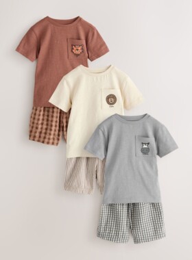 代购NEXT男童短袖家居服 26夏季棕灰色动物儿童睡衣3套装 9月-8岁