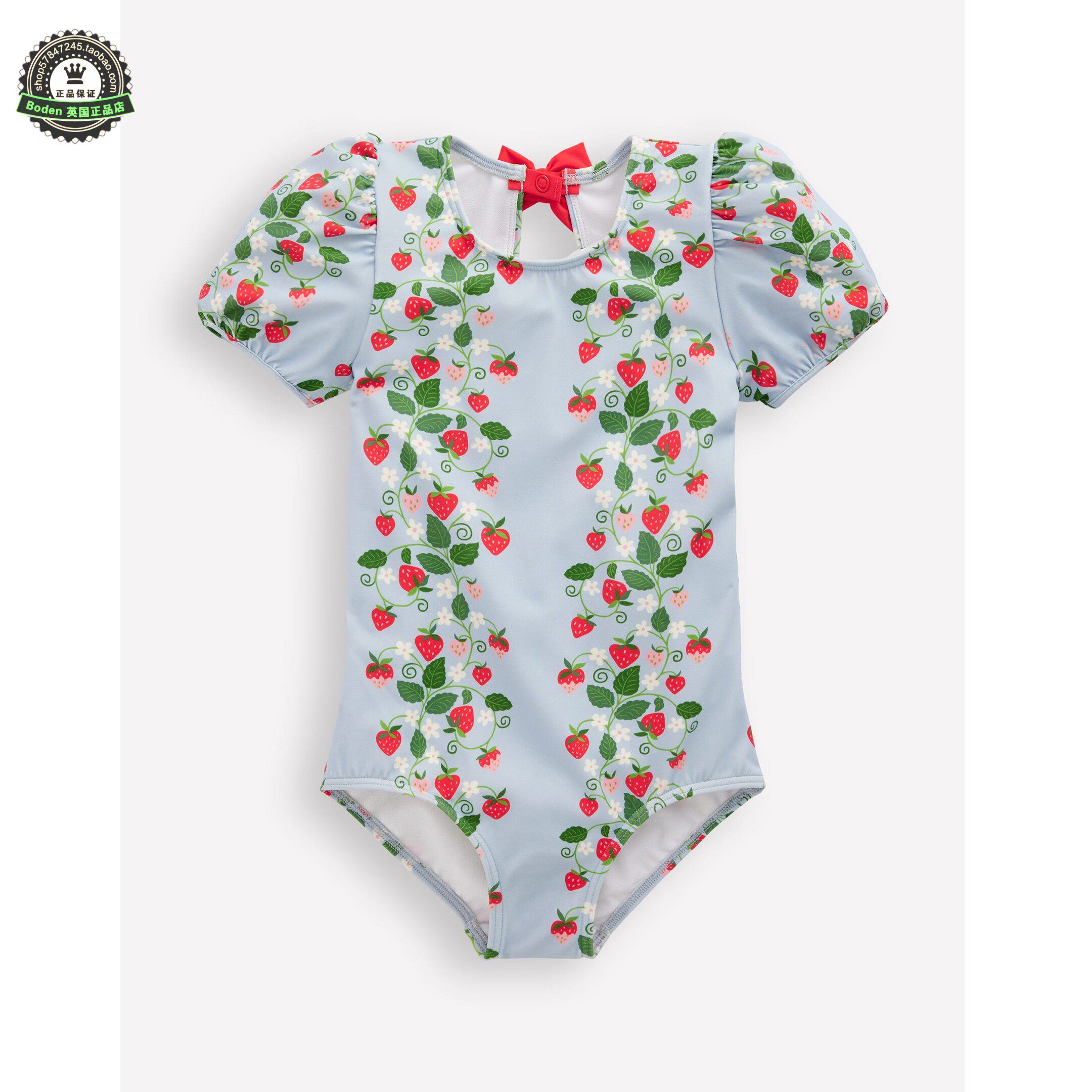 代购MiniBoden儿童连体泳衣 26夏季女童雾蓝草莓藤泡泡袖防晒泳装