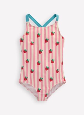 代购MiniBoden儿童连体泳衣 26夏女童粉条纹草莓交叉吊带温泉泳装