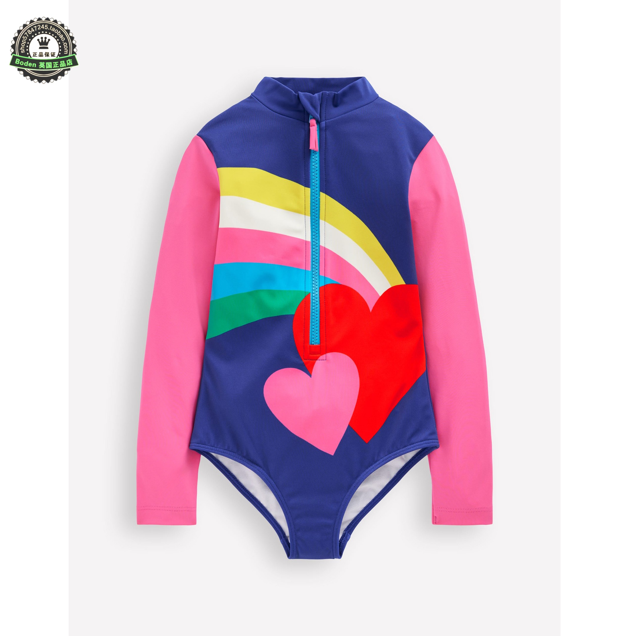 代购MiniBoden儿童连体泳衣 25夏季女童彩虹之心沙滩长袖防晒泳装