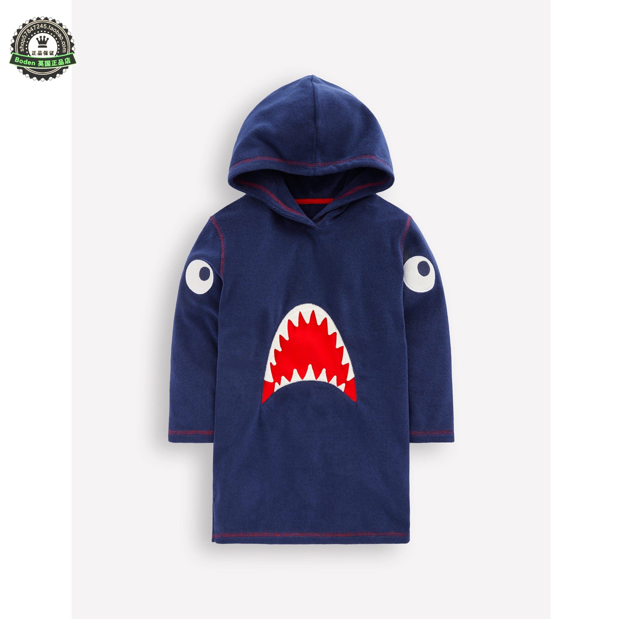 代购MiniBoden儿童泳袍 26夏季男童蓝色鲨鱼海滩游泳专用保暖浴袍