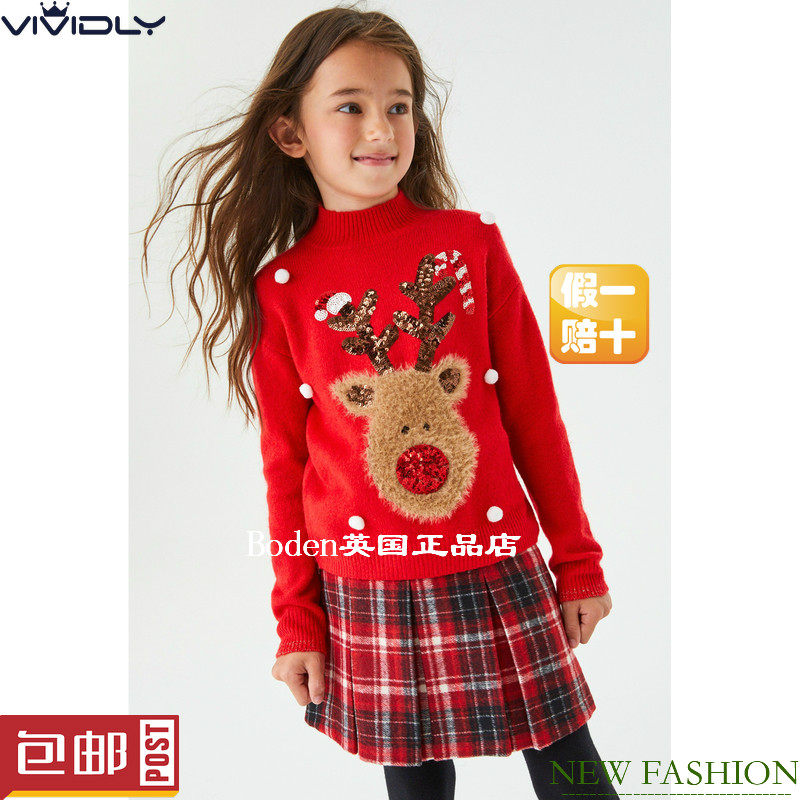 现货NEXT圣诞节儿童毛衣 秋季女童红色麋鹿圆领套头针织衫 6-15岁
